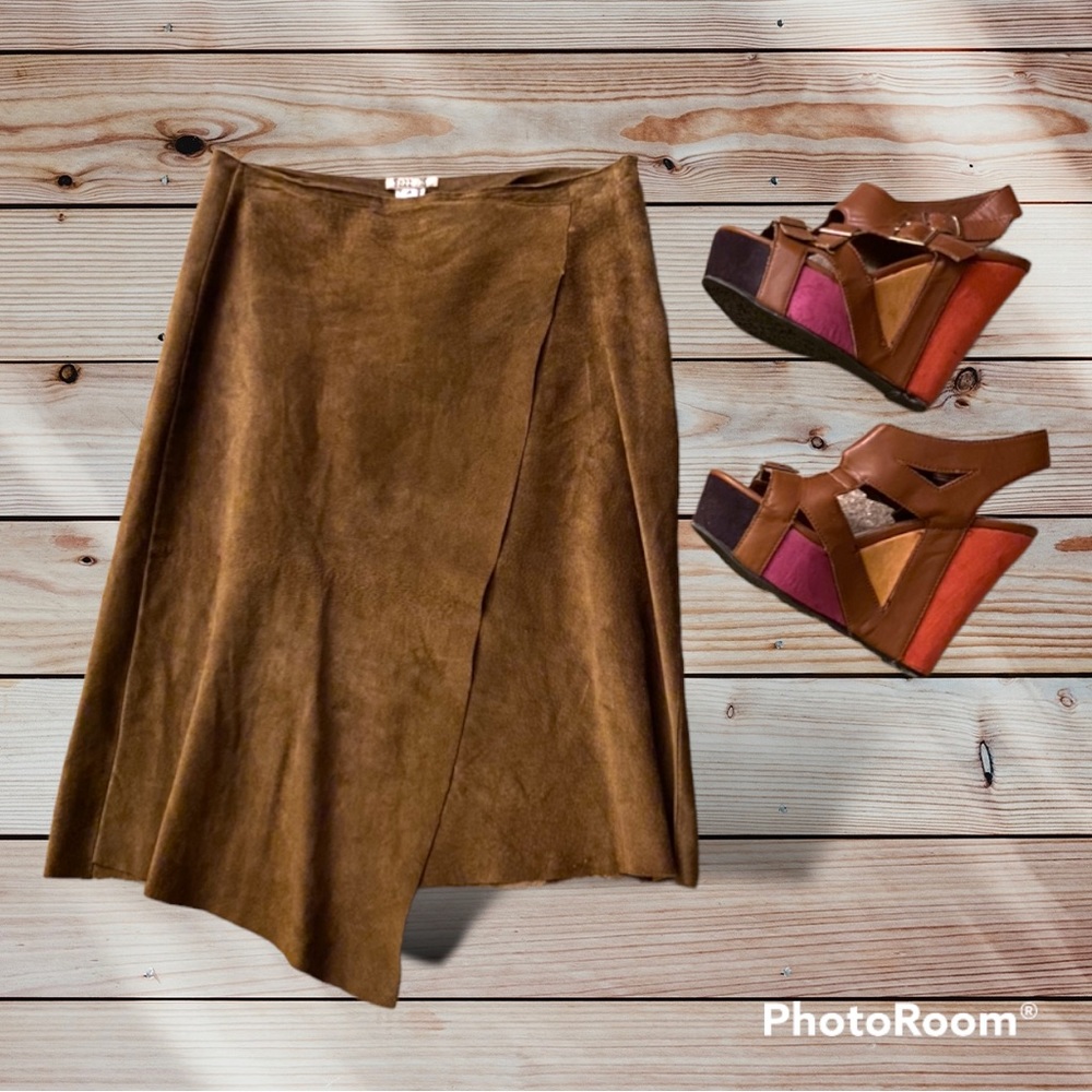 90’s Buzz 18 Suede Festival Wrap Skirt Asymmetrical Dark Tan